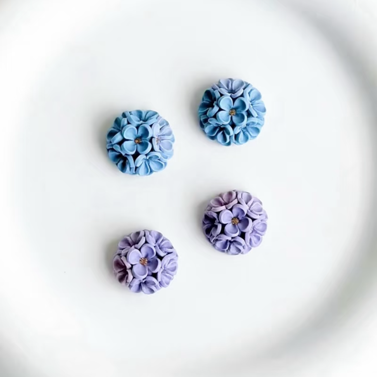 Handmade Hydrangea Polymer Clay Earrings, Blue & Purple Floral Stud Jewelry