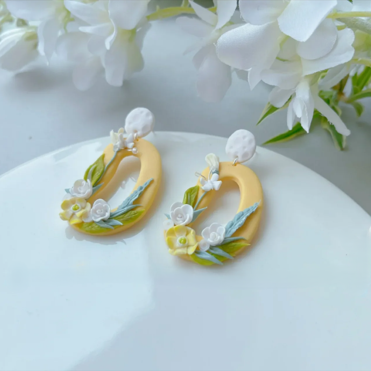Handmade Yellow Oval Floral Polymer Clay Earrings