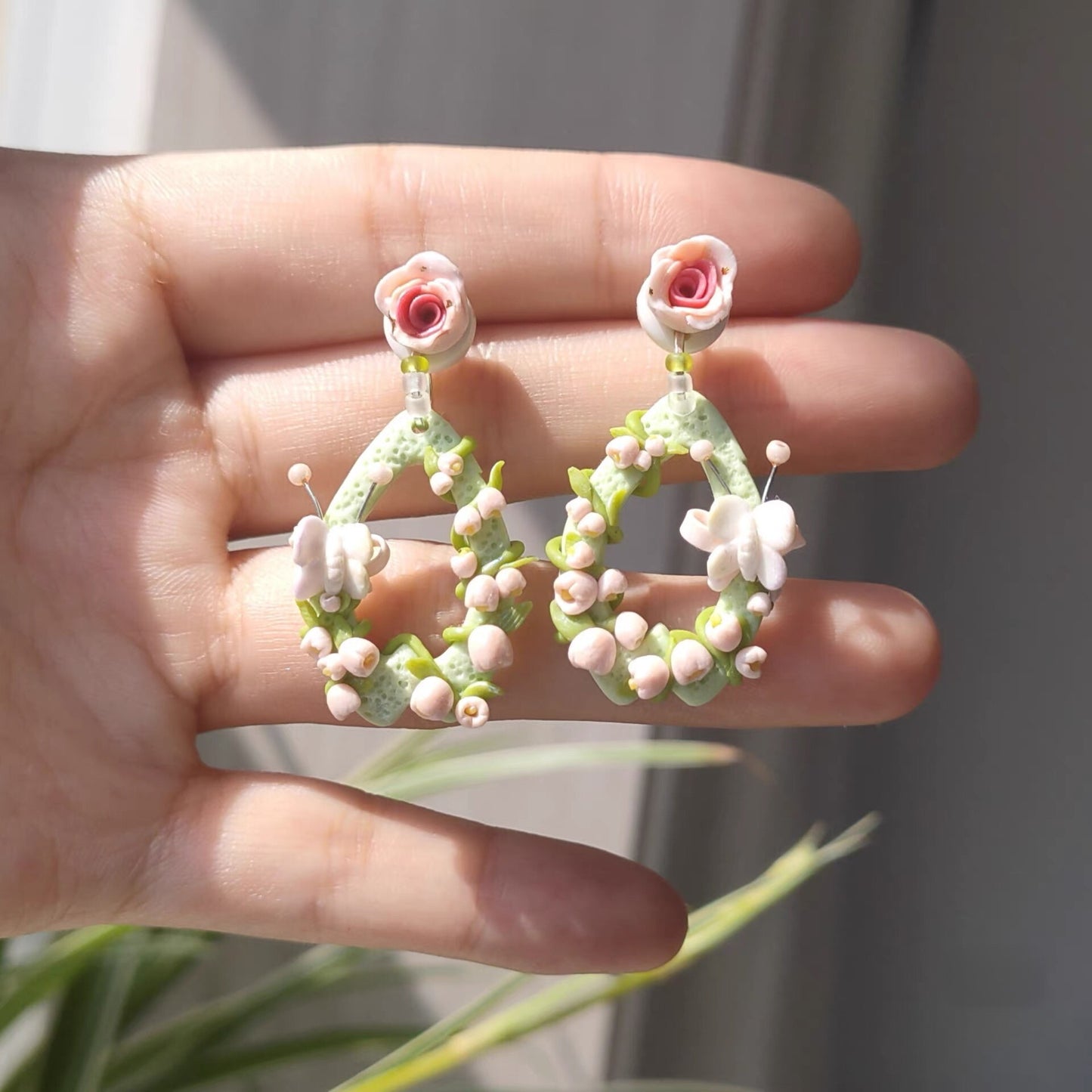 Fairycore Lily of the Valley Wreath Earrings, Handmade Floral Polymer Clay Earrings for Women