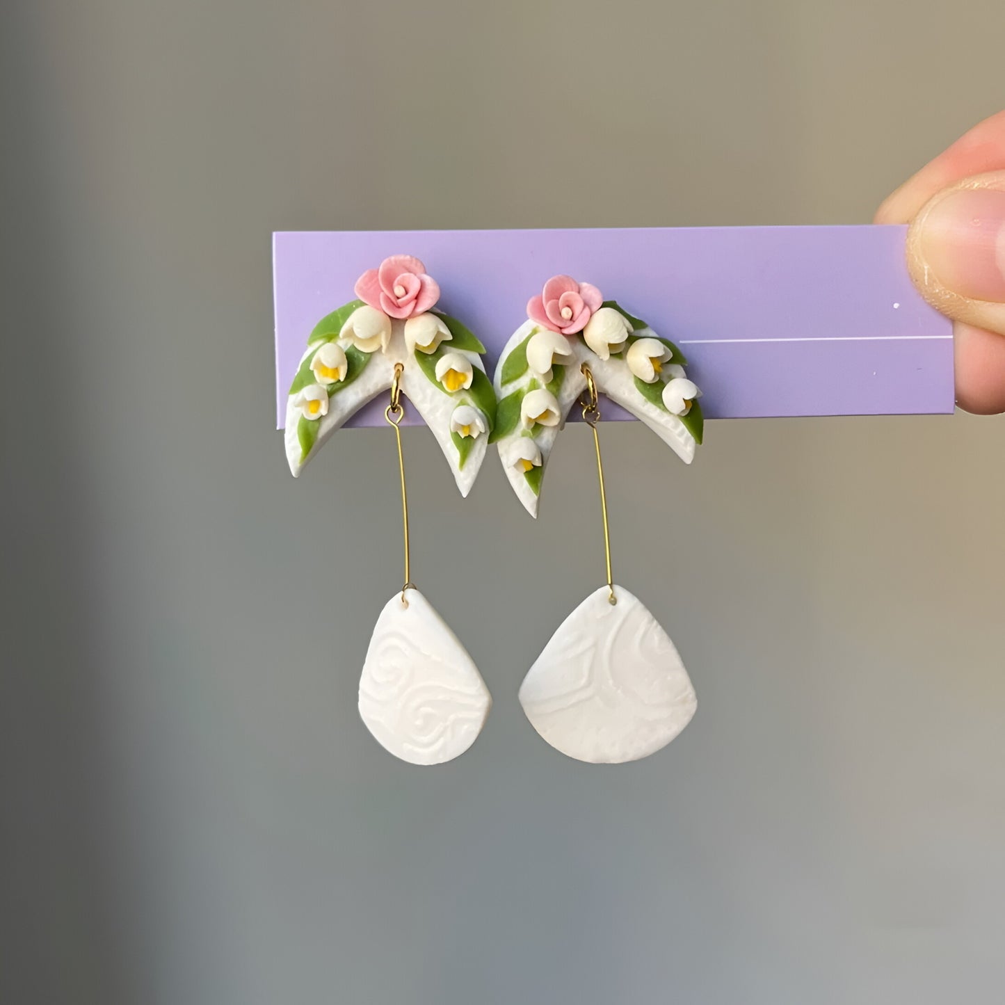 Handmade Lily of the Valley & Pink Rose Polymer Clay Dangle Earrings