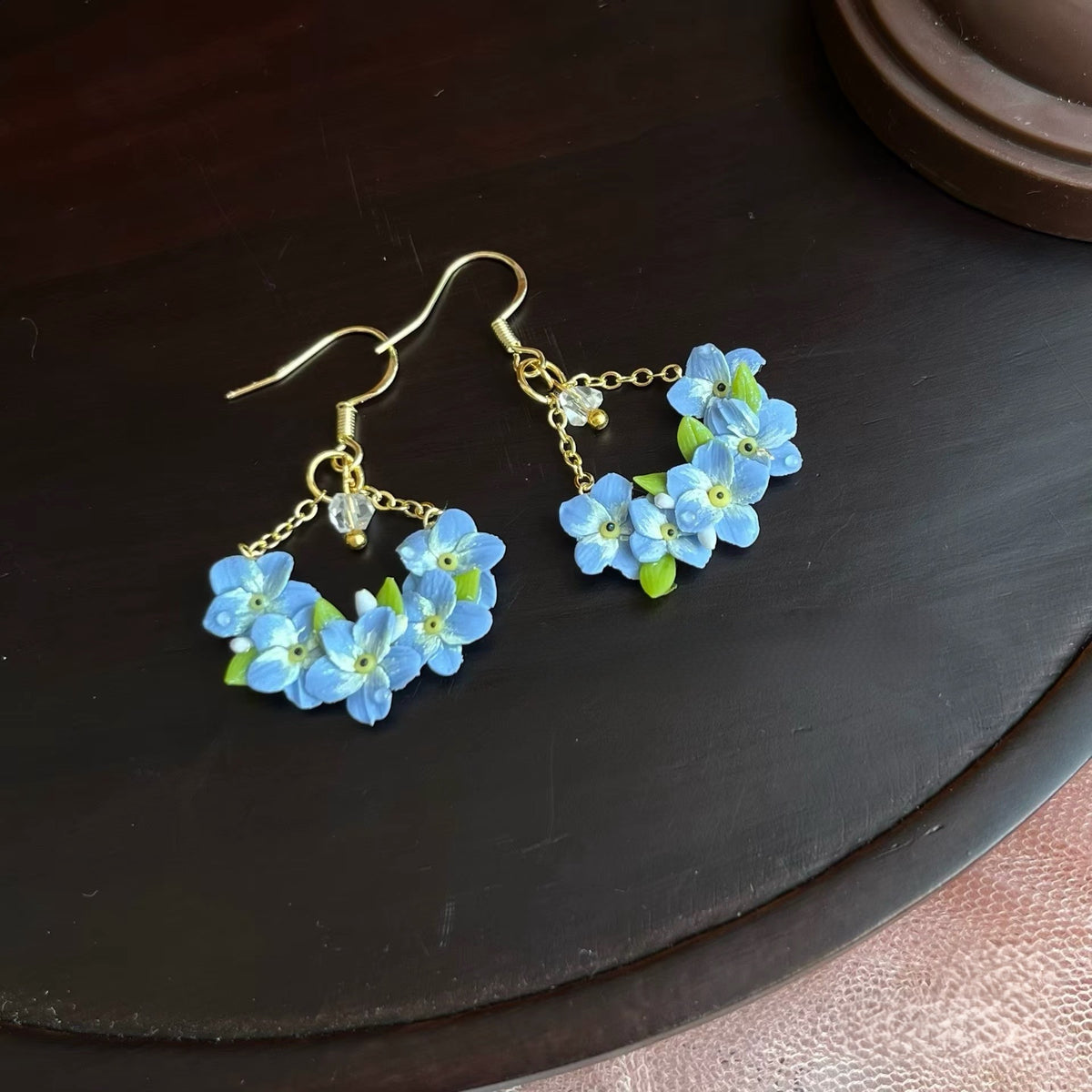 Handmade Blue Forget Me Not Polymer Clay Dangle Earrings, Crystal Chain Floral Wreath Jewelry