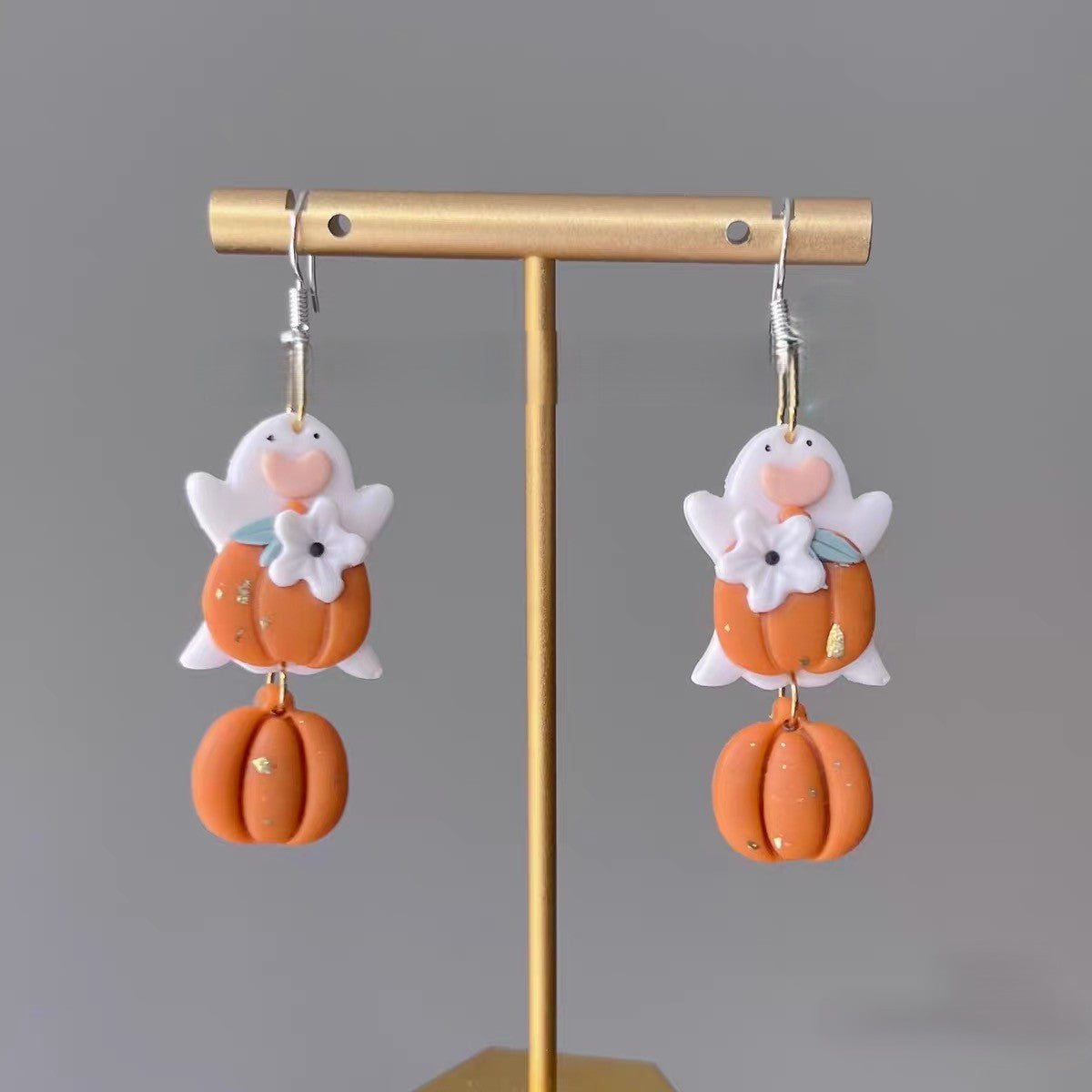 Handmade Ghost & Pumpkin Polymer Clay Dangle Earrings, Cute Fall Halloween Statement Jewelry