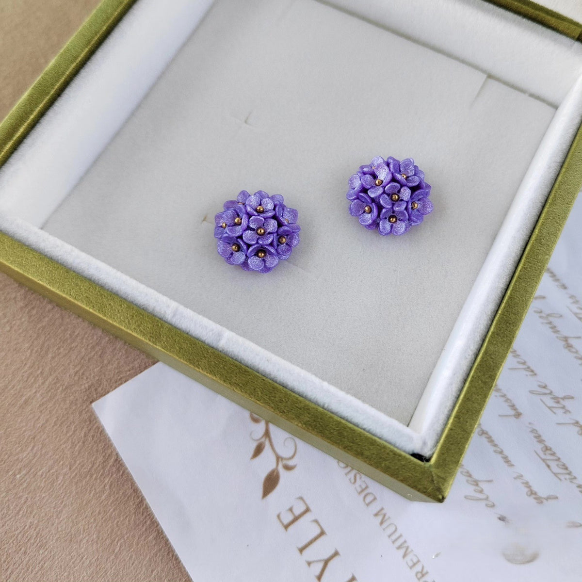 Handmade Purple Hydrangea Flower Cluster Polymer Clay Stud Earrings, Botanical Floral Jewelry