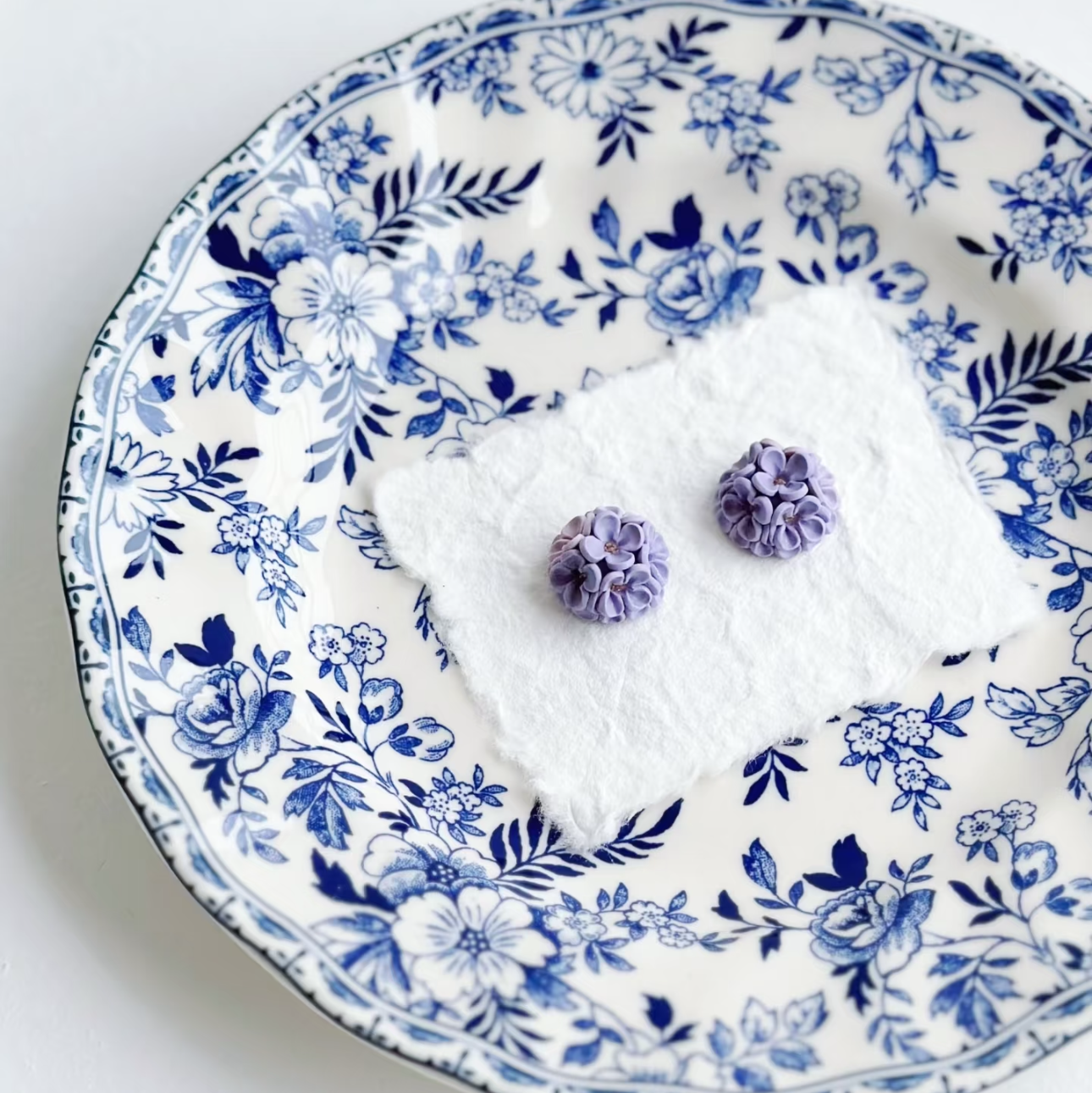 Handmade Hydrangea Polymer Clay Earrings, Blue & Purple Floral Stud Jewelry