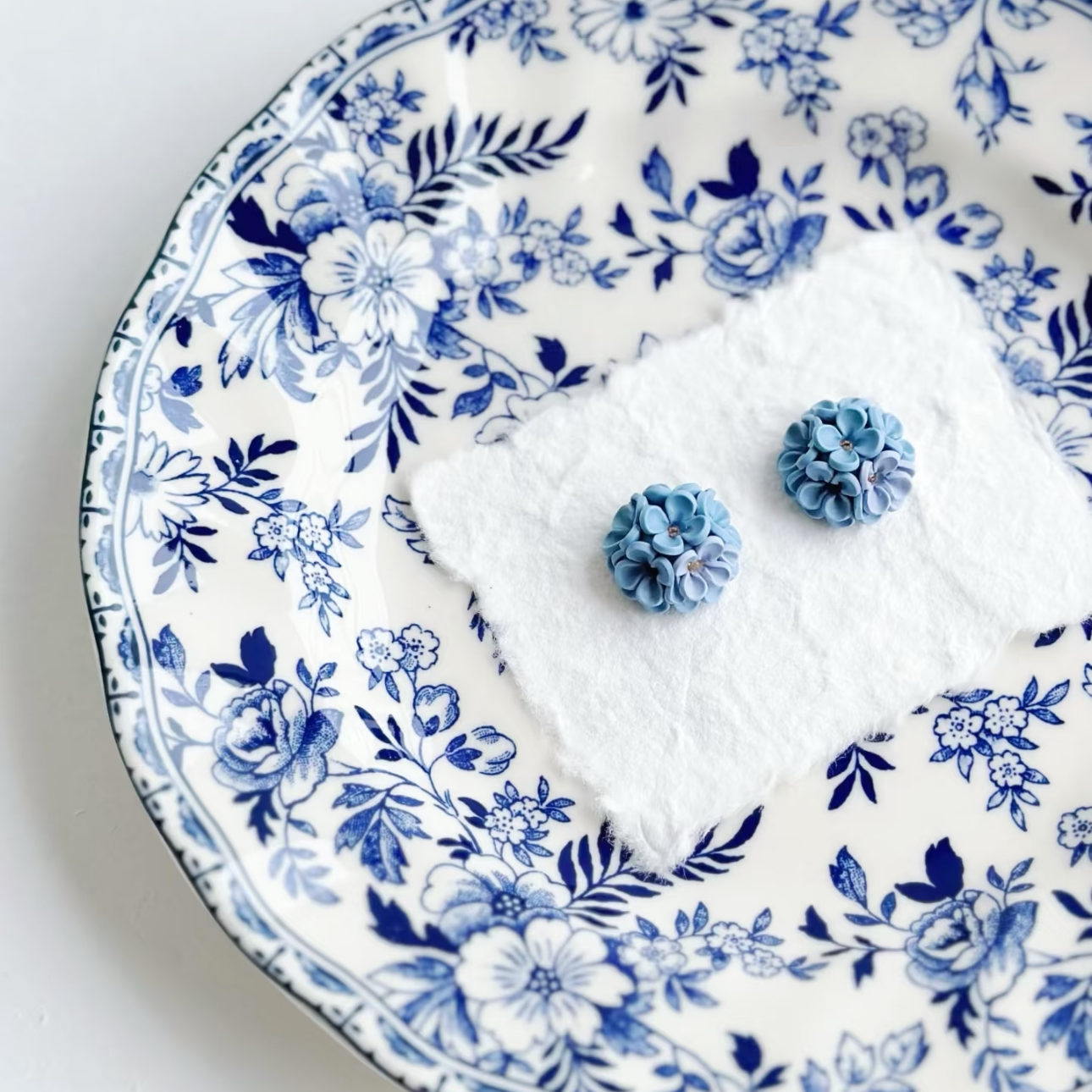 Handmade Hydrangea Polymer Clay Earrings, Blue & Purple Floral Stud Jewelry