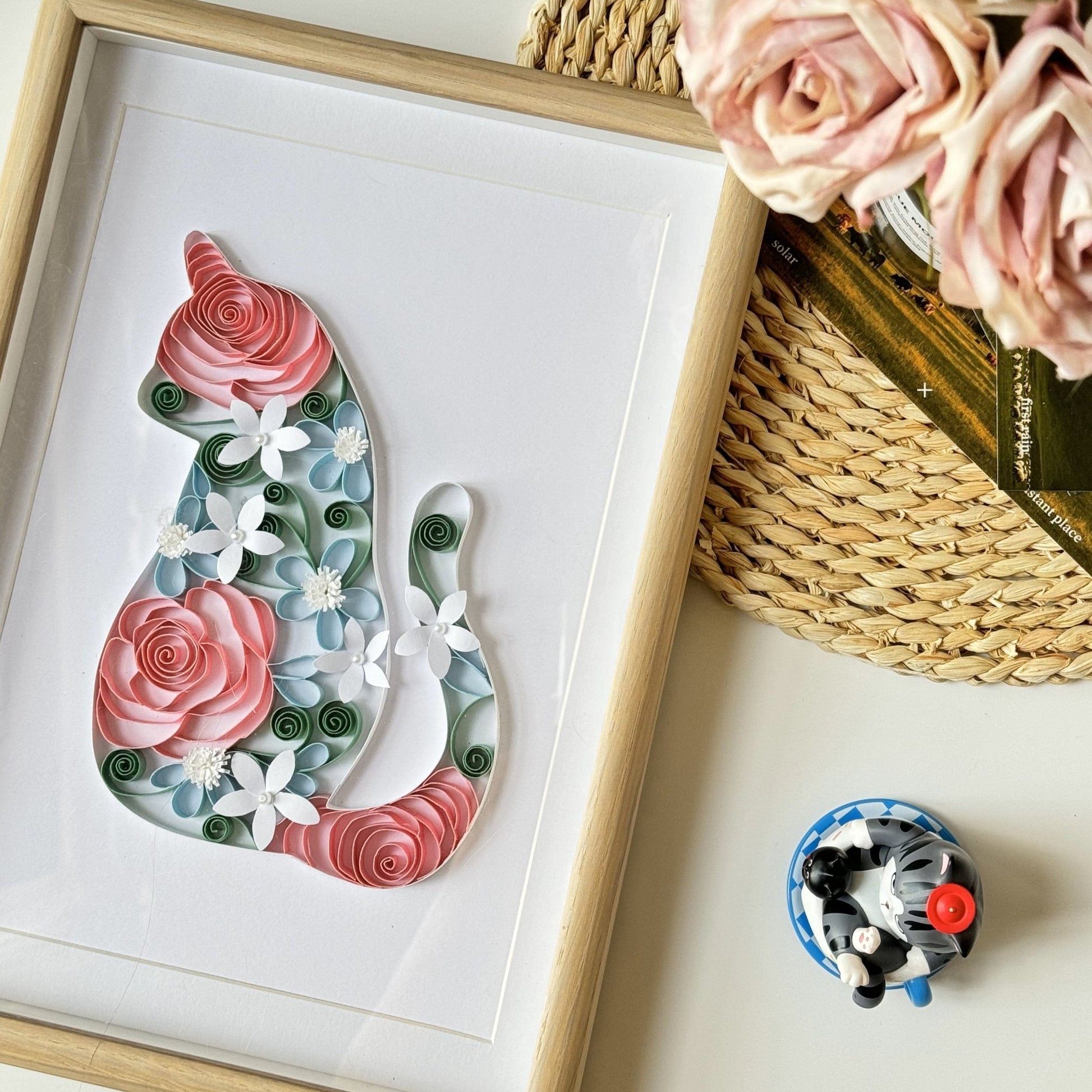 Colorful Quilling Art 3D Image of Cat and Flower, Unique Handcrafted Wall Art, Perfect Gift for Cat Lovers, Vibrant Home Decor