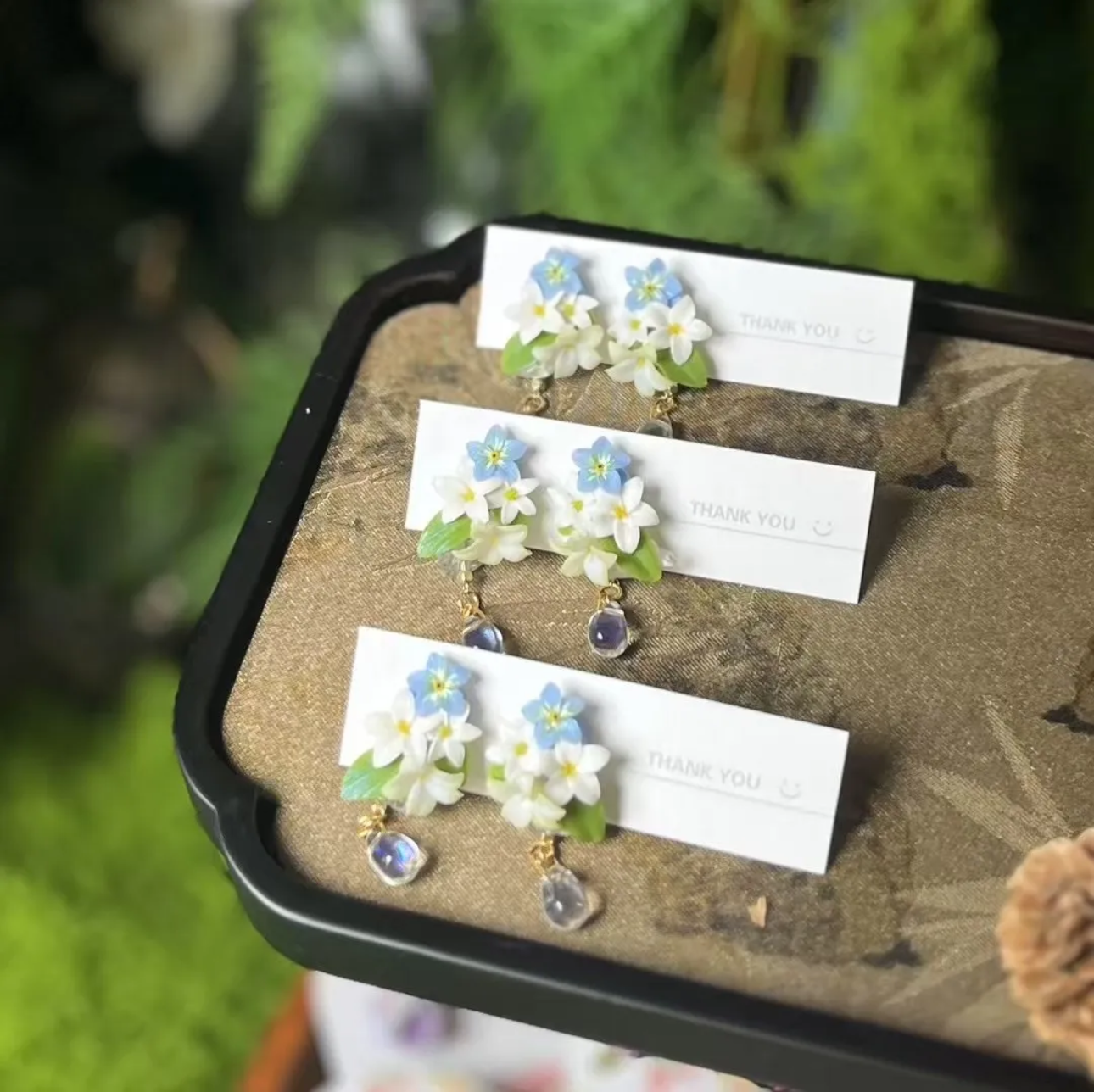 Elegant Blue White Floral Clay Earrings | Romantic Clay Jewelry for Date Night