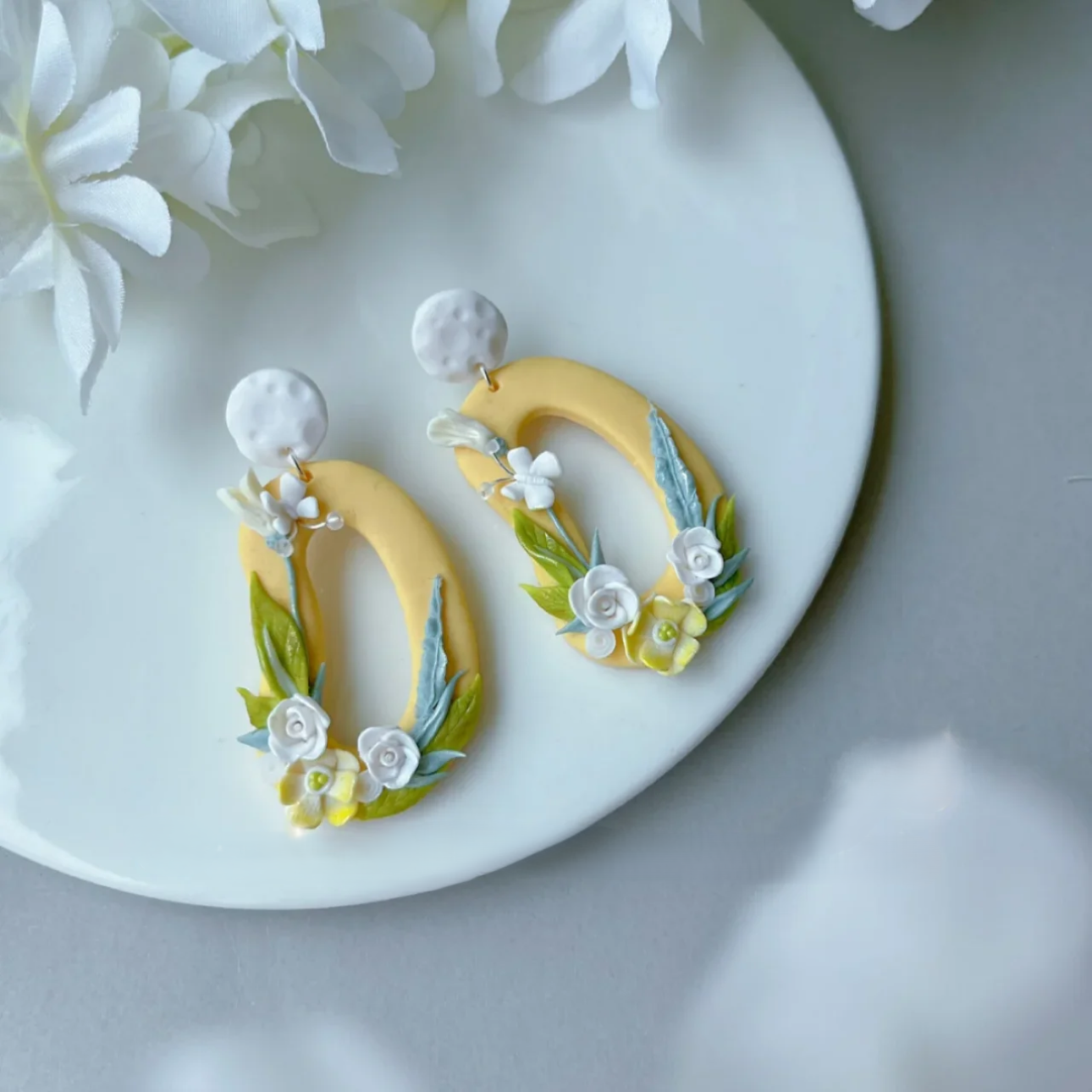 Handmade Yellow Oval Floral Polymer Clay Earrings