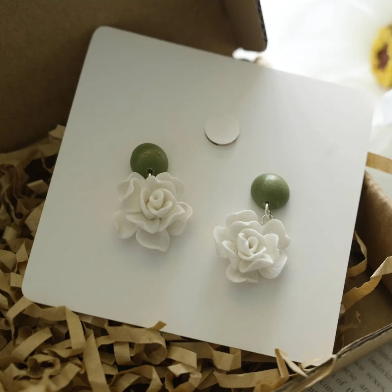 Sage Green & White Rose Drop Earrings | Handmade Polymer Clay Jewelry