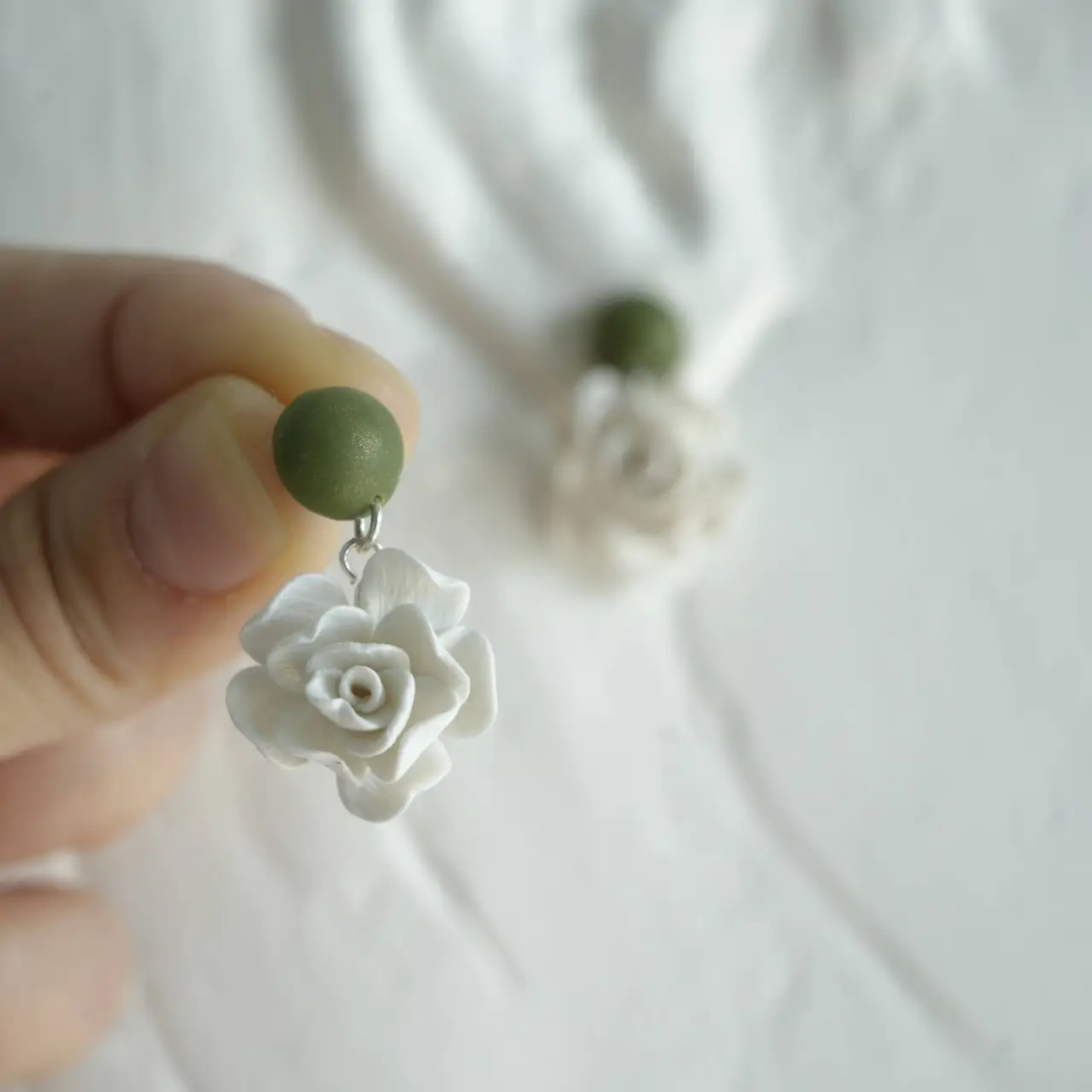 Sage Green & White Rose Drop Earrings | Handmade Polymer Clay Jewelry