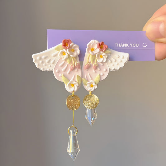 Cottagecore Handcrafted Floral Wing Dangle Earrings, Crystal Tassel Polymer Clay Jewelry