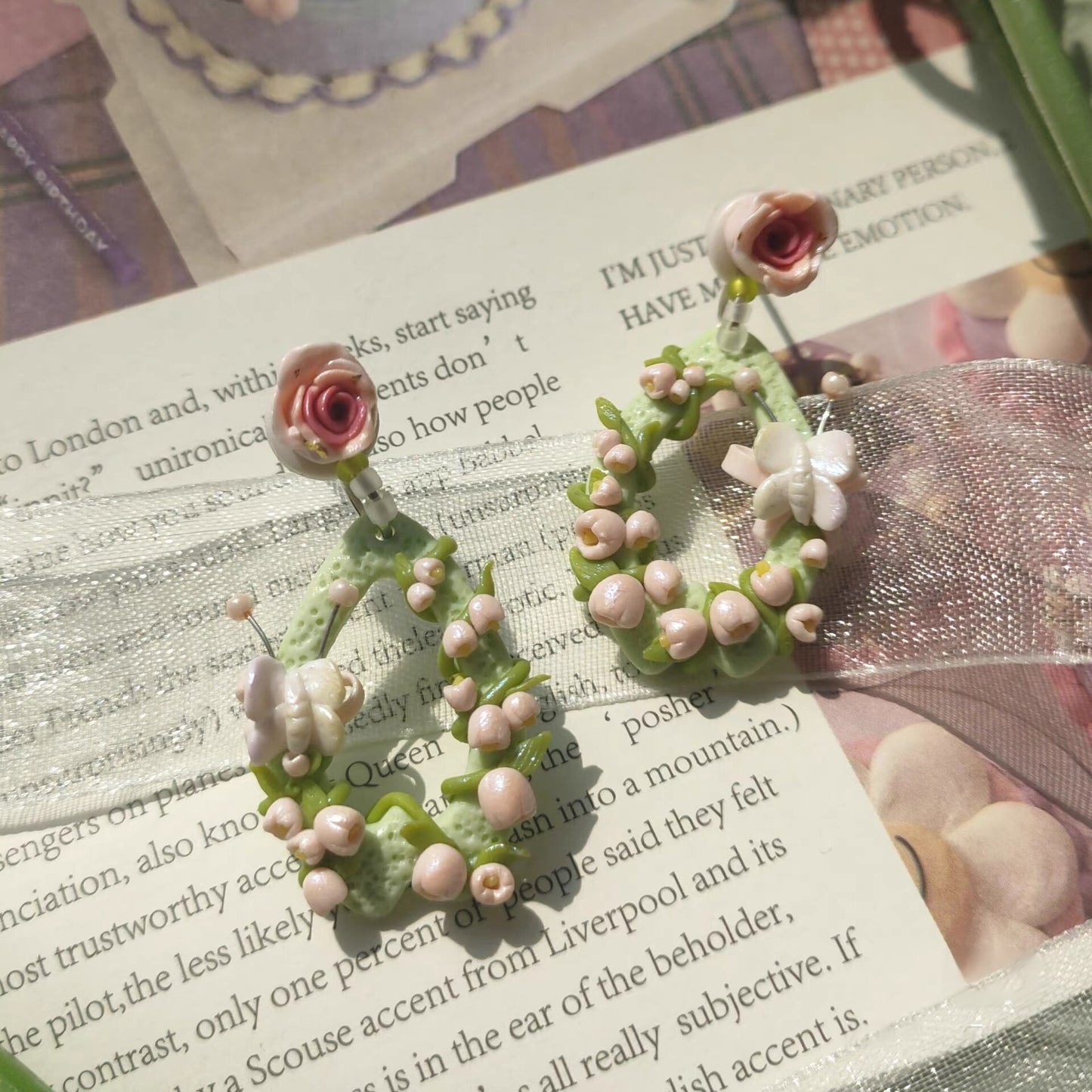 Fairycore Lily of the Valley Wreath Earrings, Handmade Floral Polymer Clay Earrings for Women