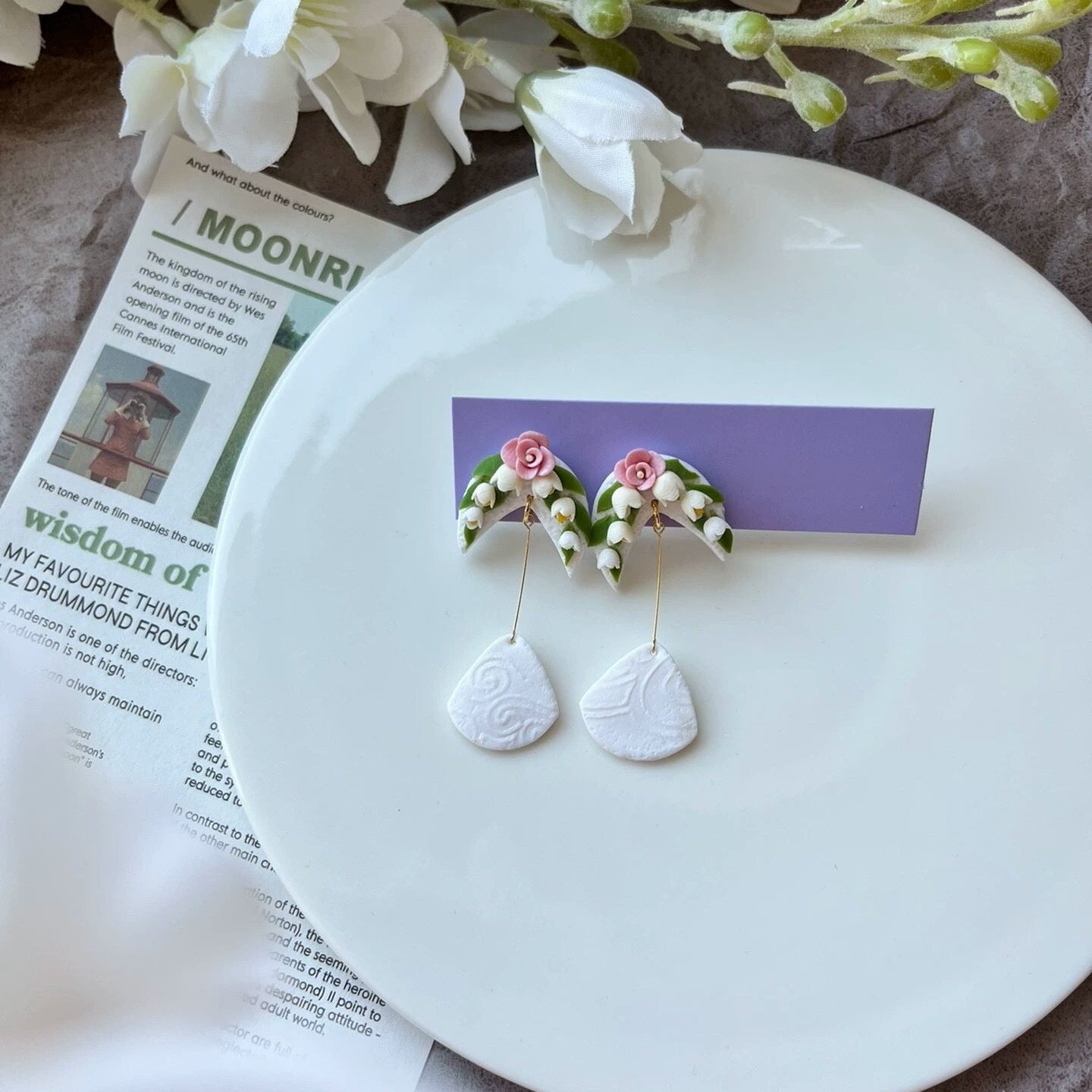 Handmade Lily of the Valley & Pink Rose Polymer Clay Dangle Earrings