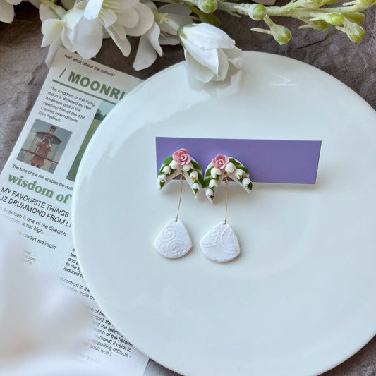 Handmade Lily of the Valley & Pink Rose Polymer Clay Dangle Earrings