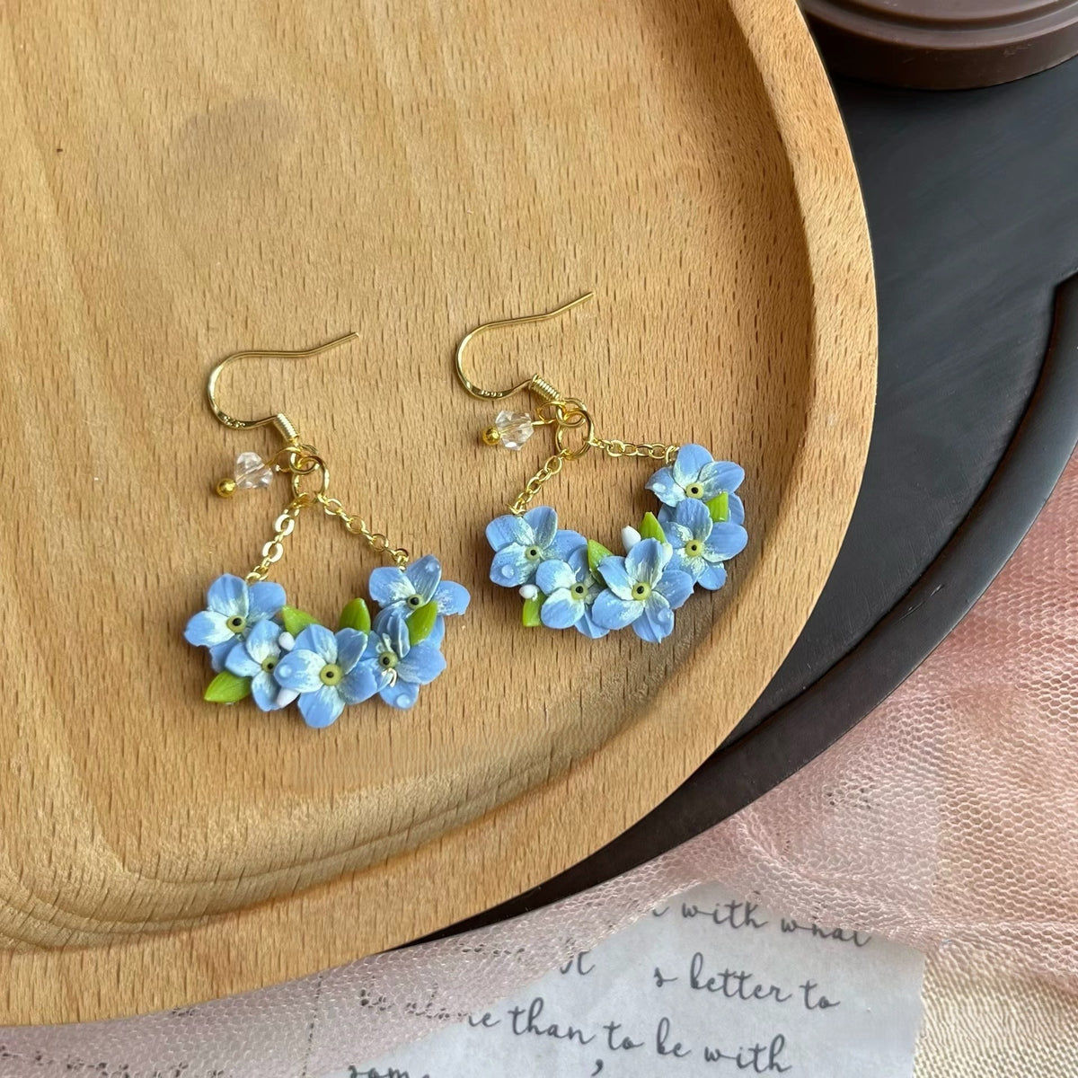 Handmade Blue Forget Me Not Polymer Clay Dangle Earrings, Crystal Chain Floral Wreath Jewelry