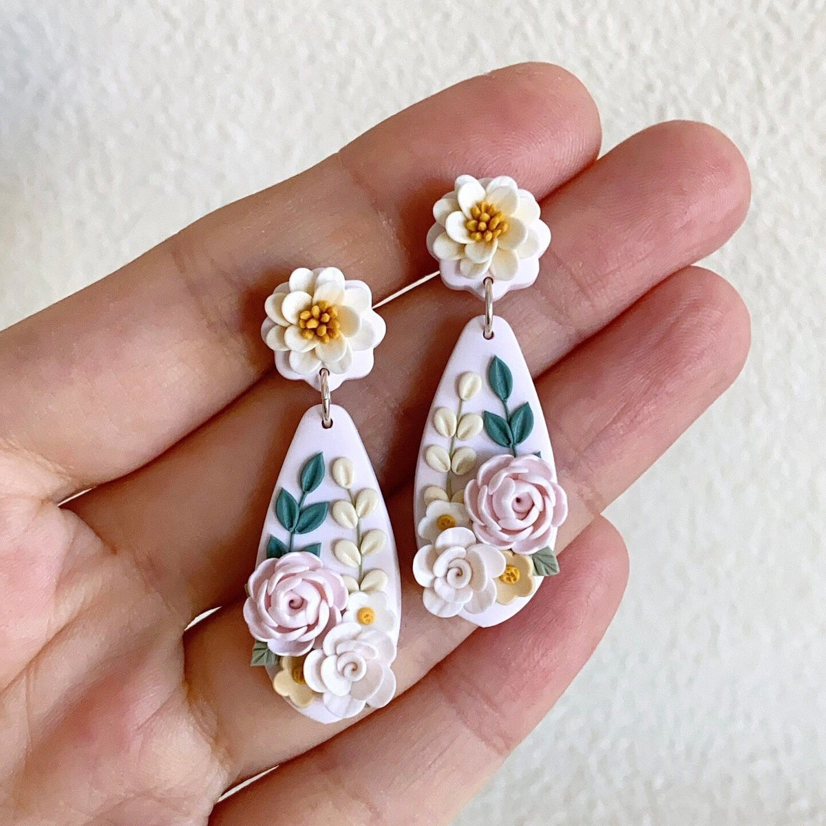 Bridal Vintage Rose & White Bloom Polymer Clay Statement Earrings, Handmade Botanical Dangles