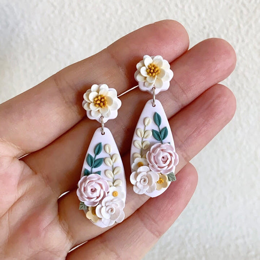 Bridal Vintage Rose & White Bloom Polymer Clay Statement Earrings, Handmade Botanical Dangles