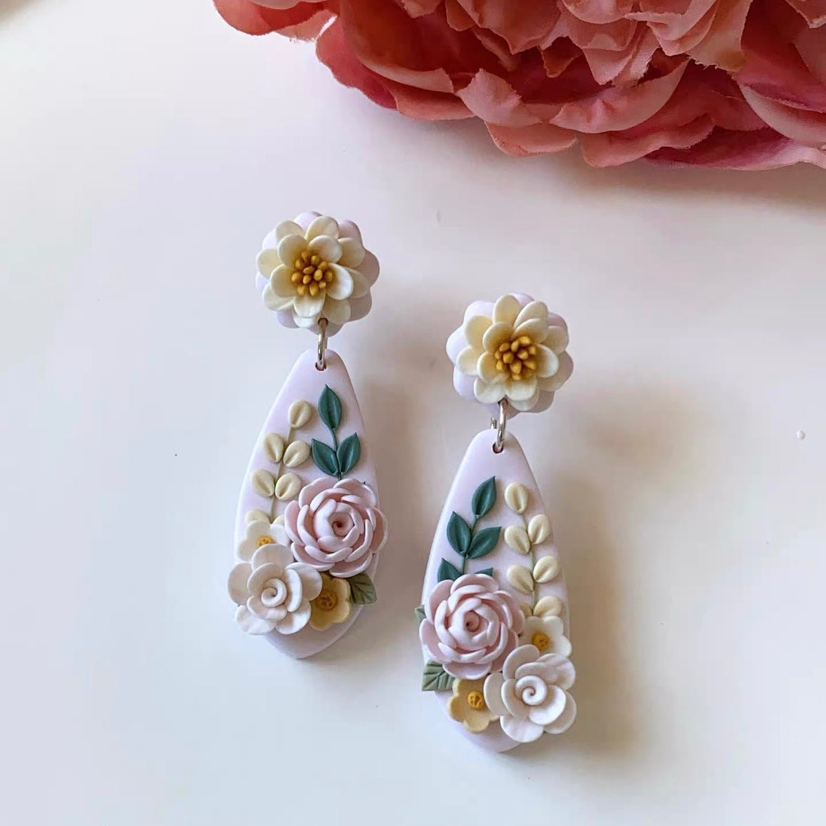 Bridal Vintage Rose & White Bloom Polymer Clay Statement Earrings, Handmade Botanical Dangles