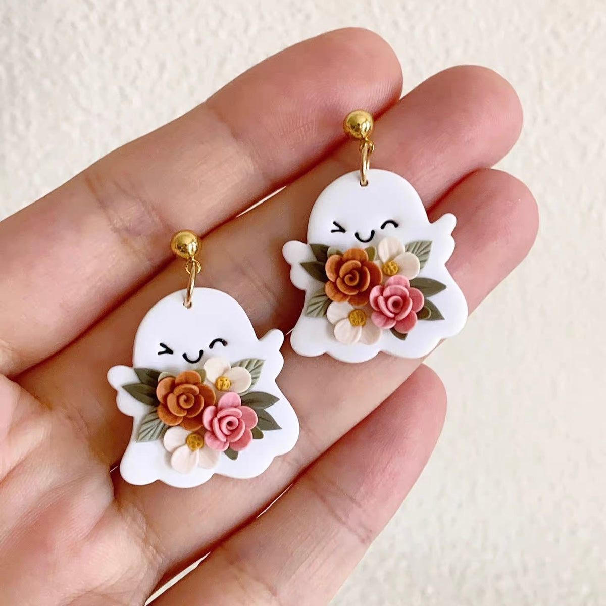 Autumn Harvest Ghost Pumpkin Floral Polymer Clay Earrings, Whimsical Halloween Dangle Earrings