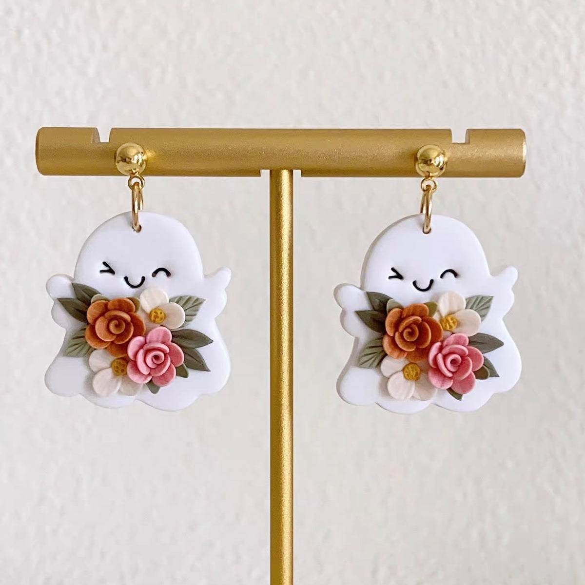Autumn Harvest Ghost Pumpkin Floral Polymer Clay Earrings, Whimsical Halloween Dangle Earrings
