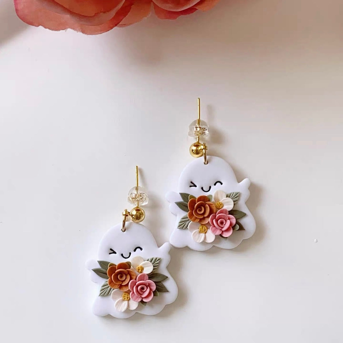 Autumn Harvest Ghost Pumpkin Floral Polymer Clay Earrings, Whimsical Halloween Dangle Earrings