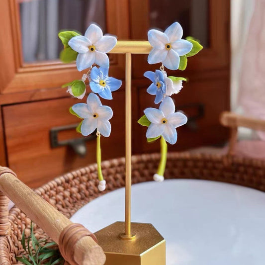 Handmade Blue White Star Flower Polymer Clay Dangle Earrings, Long Tassel Botanical Statement Jewelry
