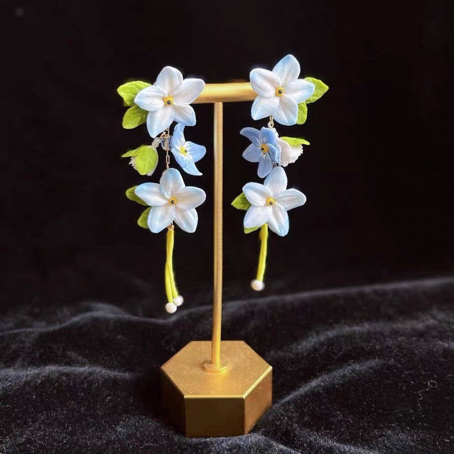 Handmade Blue White Star Flower Polymer Clay Dangle Earrings, Long Tassel Botanical Statement Jewelry