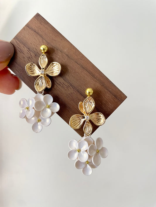 Handmade White Hydrangea Flower Cluster Polymer Clay Dangle Earrings, Gold Metal Floral Statement Jewelry