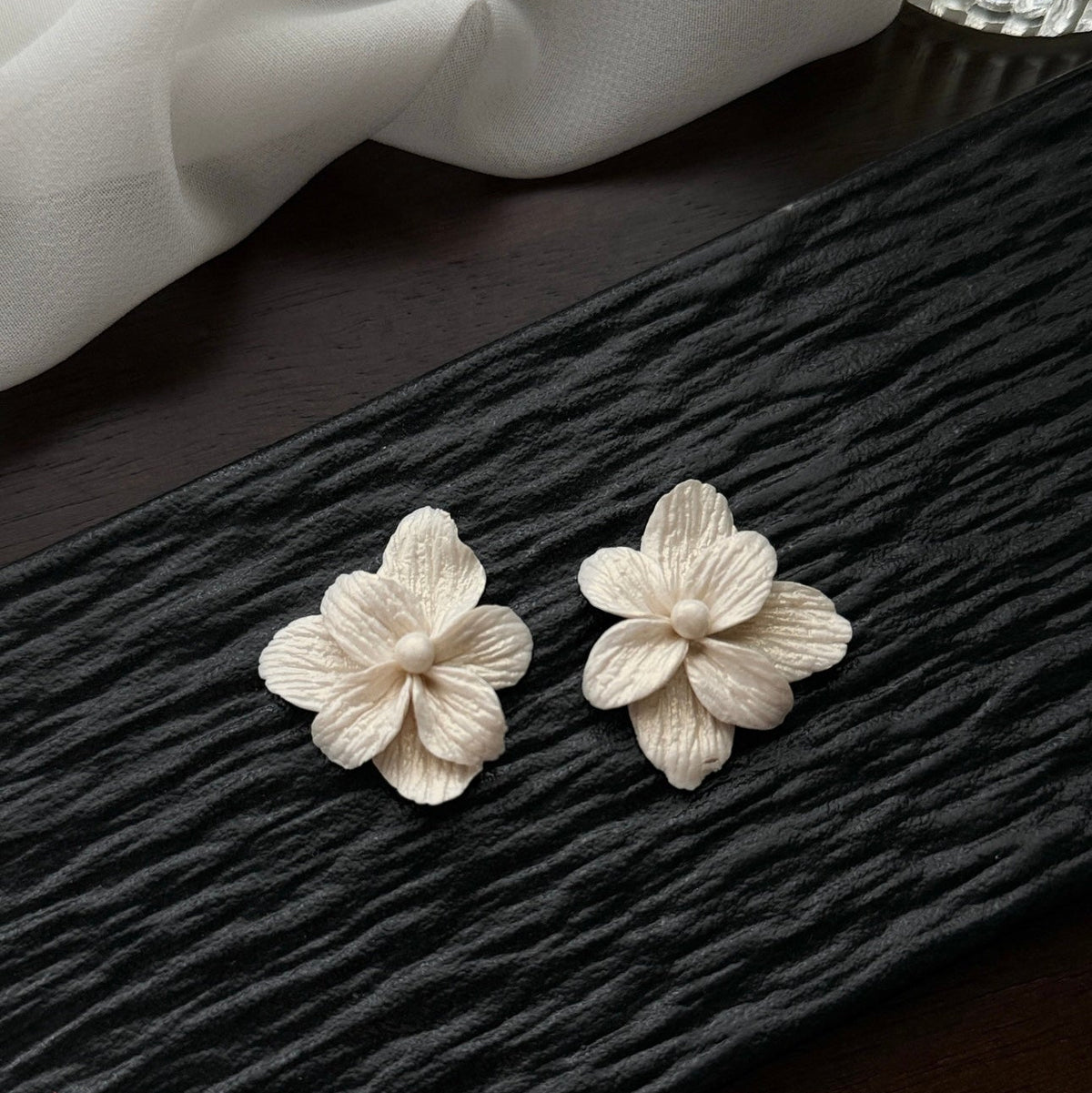 Handmade Textured Off-White Flower Polymer Clay Stud Earrings, Minimalist Botanical Statement Jewelry