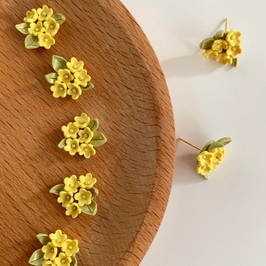 Handmade Yellow Flower Cluster Polymer Clay Stud Earrings, Green Leaf Botanical Statement Jewelry