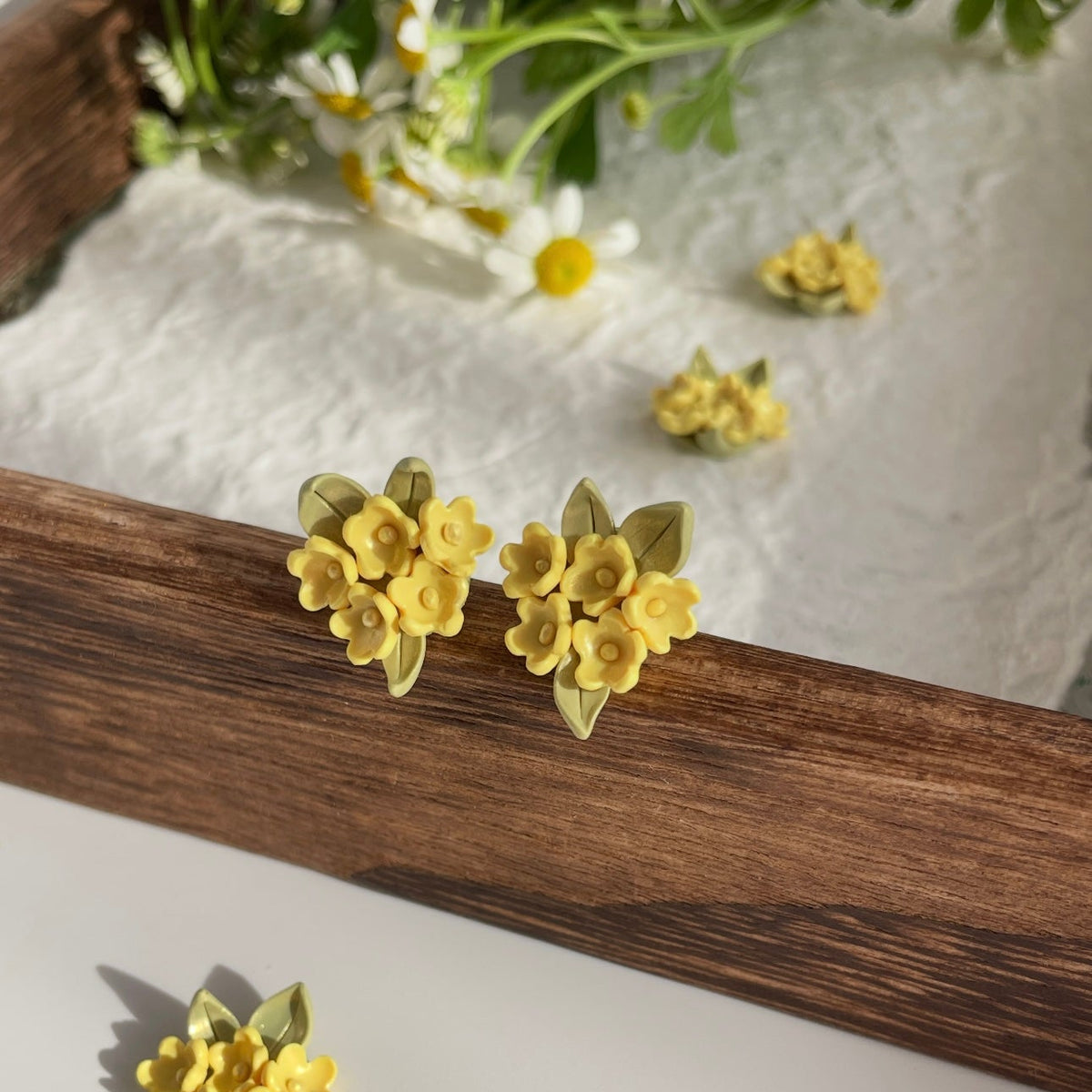 Handmade Yellow Flower Cluster Polymer Clay Stud Earrings, Green Leaf Botanical Statement Jewelry
