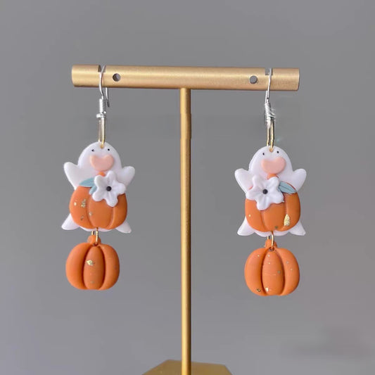 Handmade Ghost & Pumpkin Polymer Clay Dangle Earrings, Cute Fall Halloween Statement Jewelry