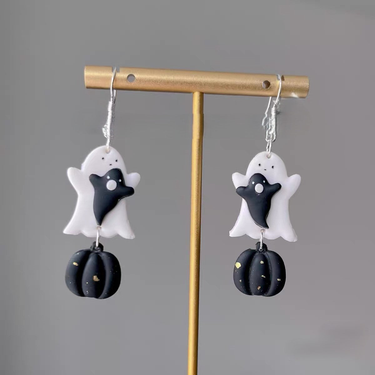 Handmade Ghost & Pumpkin Polymer Clay Dangle Earrings, Cute Fall Halloween Statement Jewelry