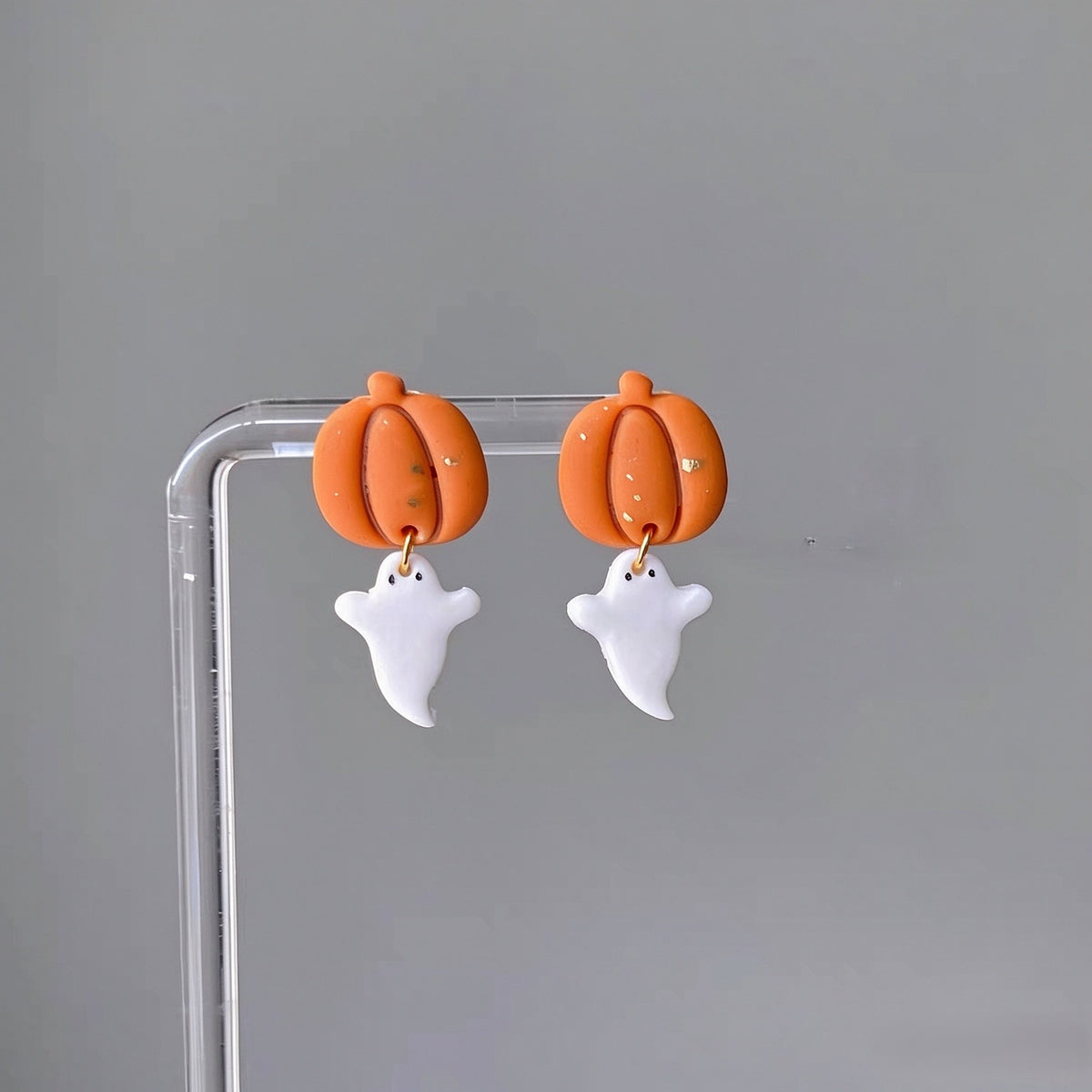 Cute Ghost Hugging Pumpkin Polymer Clay Dangle Earrings, Halloween Fall Handmade Jewelry