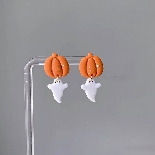 Cute Ghost Hugging Pumpkin Polymer Clay Dangle Earrings, Halloween Fall Handmade Jewelry