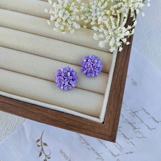 Handmade Purple Hydrangea Flower Cluster Polymer Clay Stud Earrings, Botanical Floral Jewelry