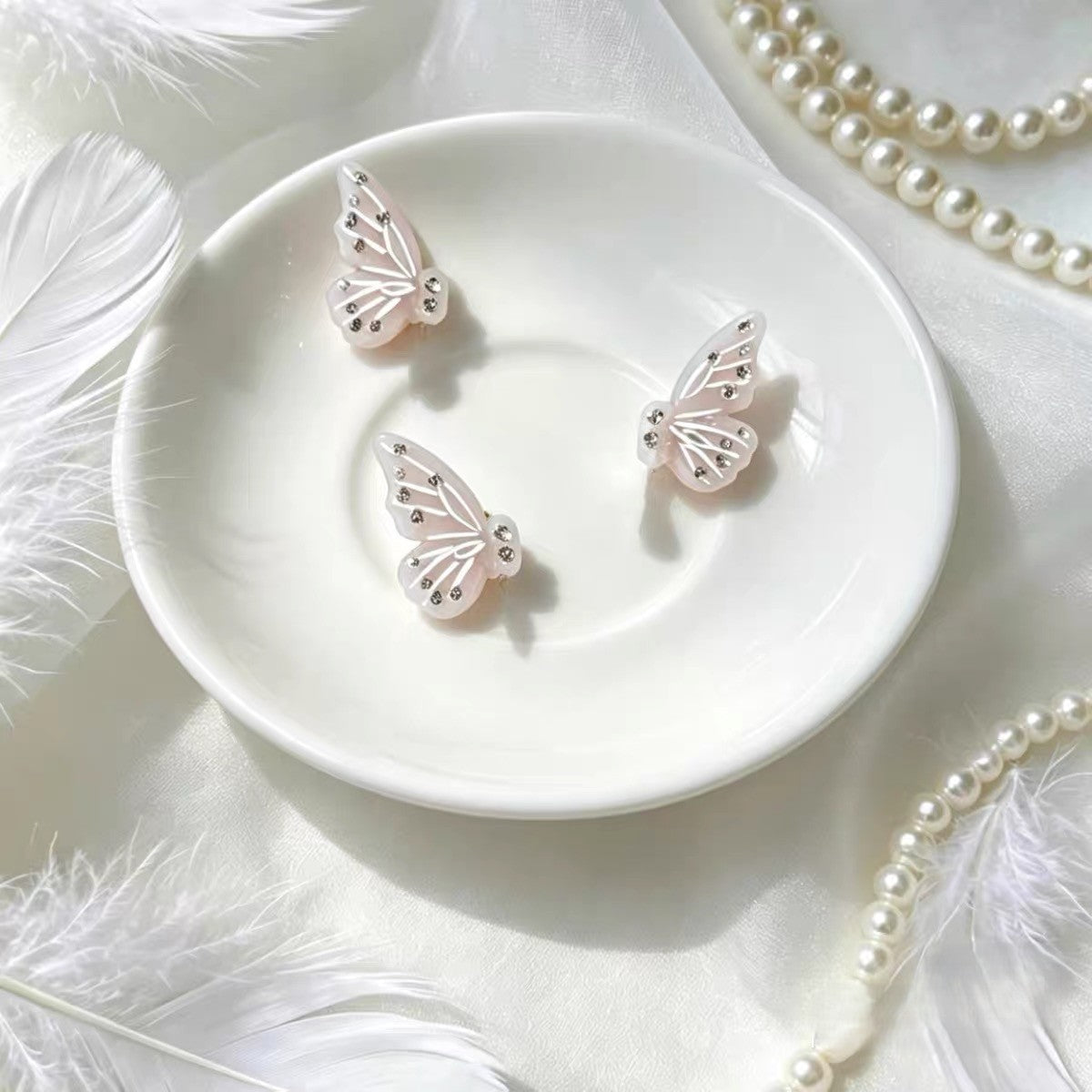 Handmade Pale Pink Butterfly Polymer Clay Stud Earrings, Rhinestone Fairycore Statement Jewelry