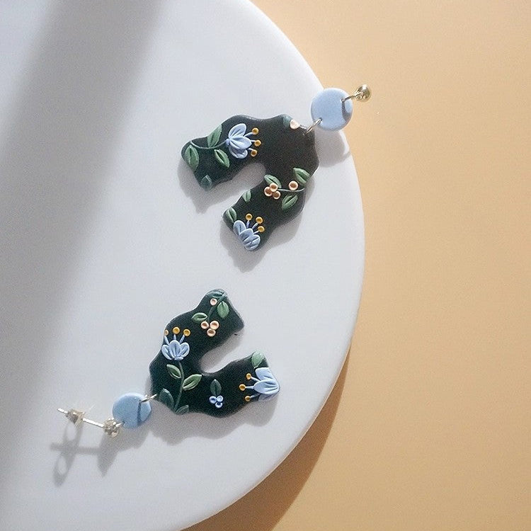 Vintage Inspired Blue Floral Arch Earrings, Handcrafted Boho Polymer Clay  Earrings