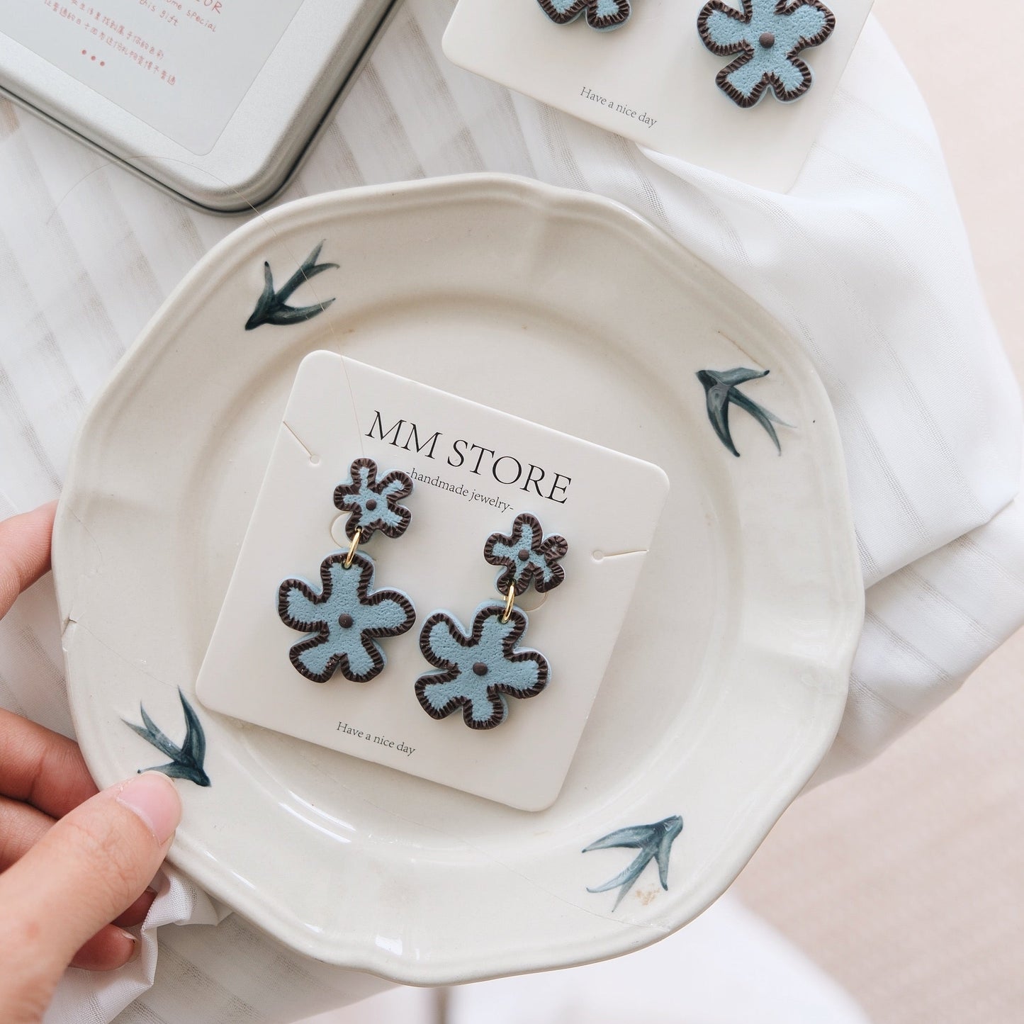 blue Flower Clay Earrings