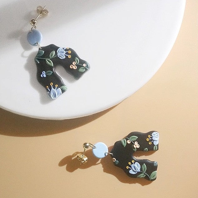 Vintage Inspired Blue Floral Arch Earrings, Handcrafted Boho Polymer Clay  Earrings