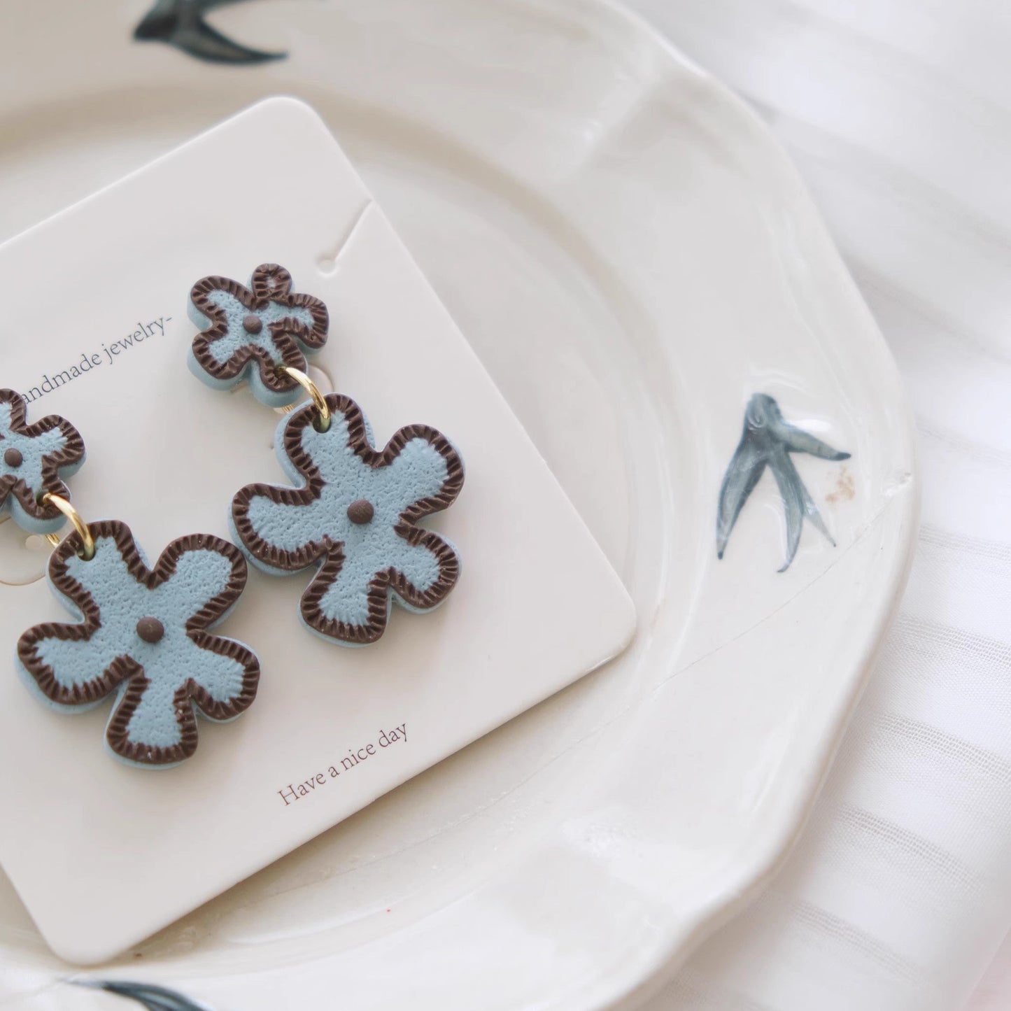 blue Flower Clay Earrings