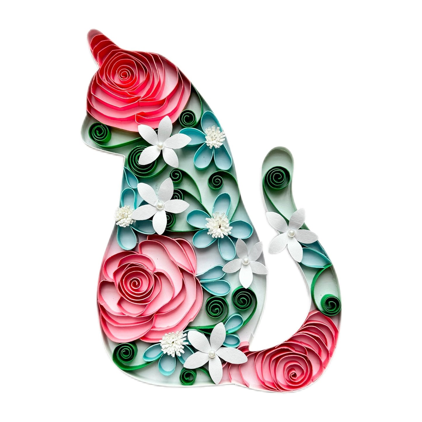 Paper Quilling Flower with Cat Silhouette Wall Art, Framed Quilled for Cat Lovers, Quilled Cat Frame, Unique Quilling Gift